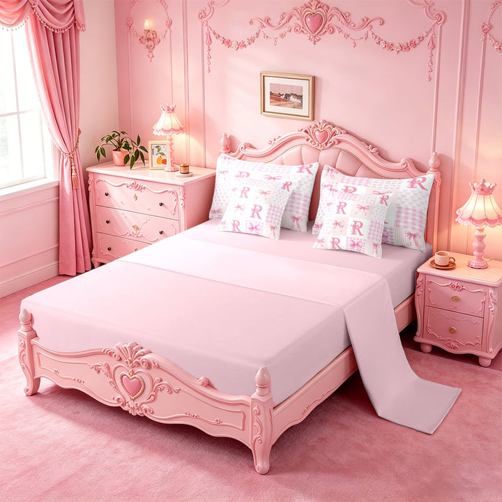 meiyoeat Abstract Geometric Plaid Buffalo 7 Pieces Full Size Bedding Sets,Girly Bows Monogrammed R Full Size Bed in a Bag For Kids,Pink Reversible