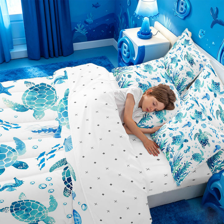 meiyoeat Watercolor Sea Turtle 7 Pieces Full Size Bedding Sets For Boys,Ocean Animal Starfish Full Size Bed in a Bag,Reversible