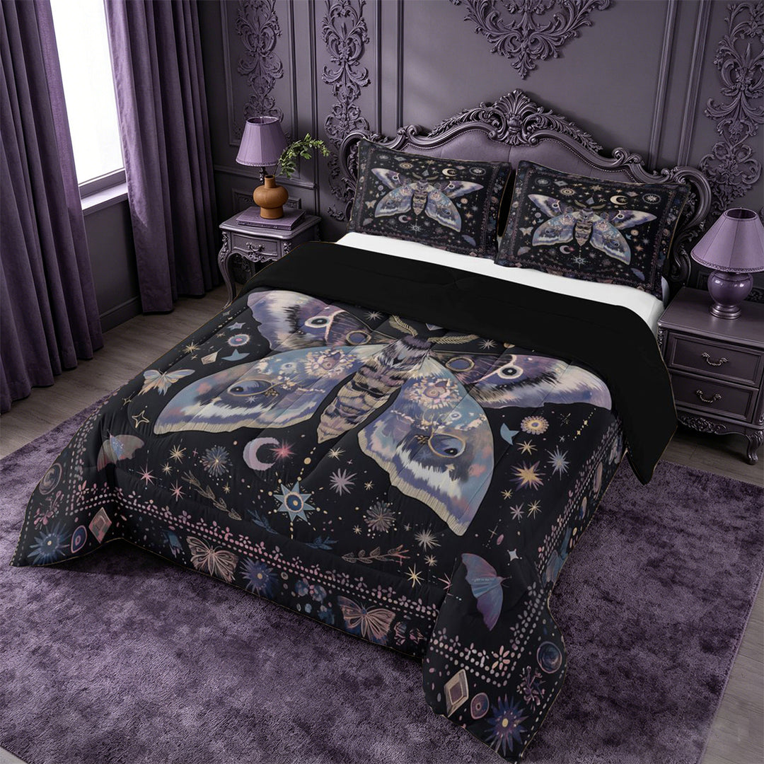 meiyoeat Bohemian Exotic Style Moth King Size Comforter Sets For Women,Vintage Boho Moon Stars Comforters King Size For Girls, Black Purple,Black Reversible,3 Pieces