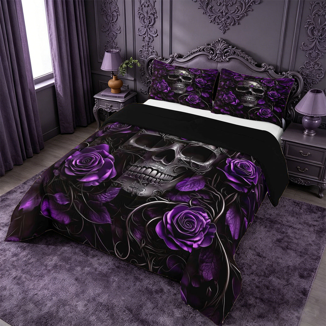 meiyoeat 3D Gothic Skull Pattern King Size Comforter Sets For Girls,Purple Rustic Flower Rose Comforters King Size For Kids, Purple Black,Black Reversible,3pcs