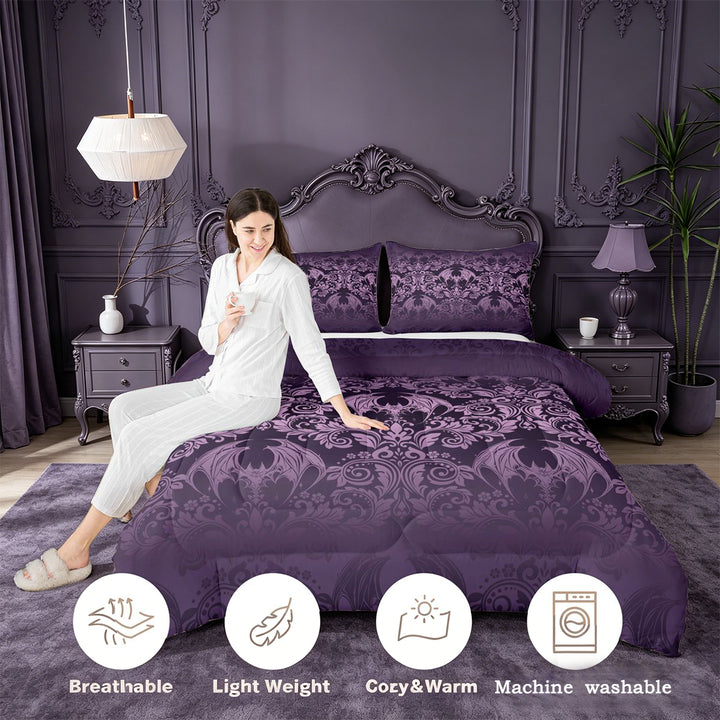 meiyoeat Vintage Damask Print King Size Comforter Sets For Adults,Gothic Bat Comforters King Size For Men Women, Purple Black,Black Reversible,3 Pieces