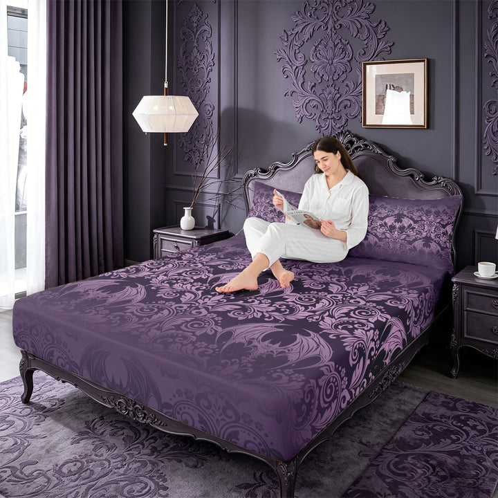 meiyoeat Vintage Damask Print King Sheets For Adults,Gothic Bat Bedding For Men Women, Purple Black,4 Pieces