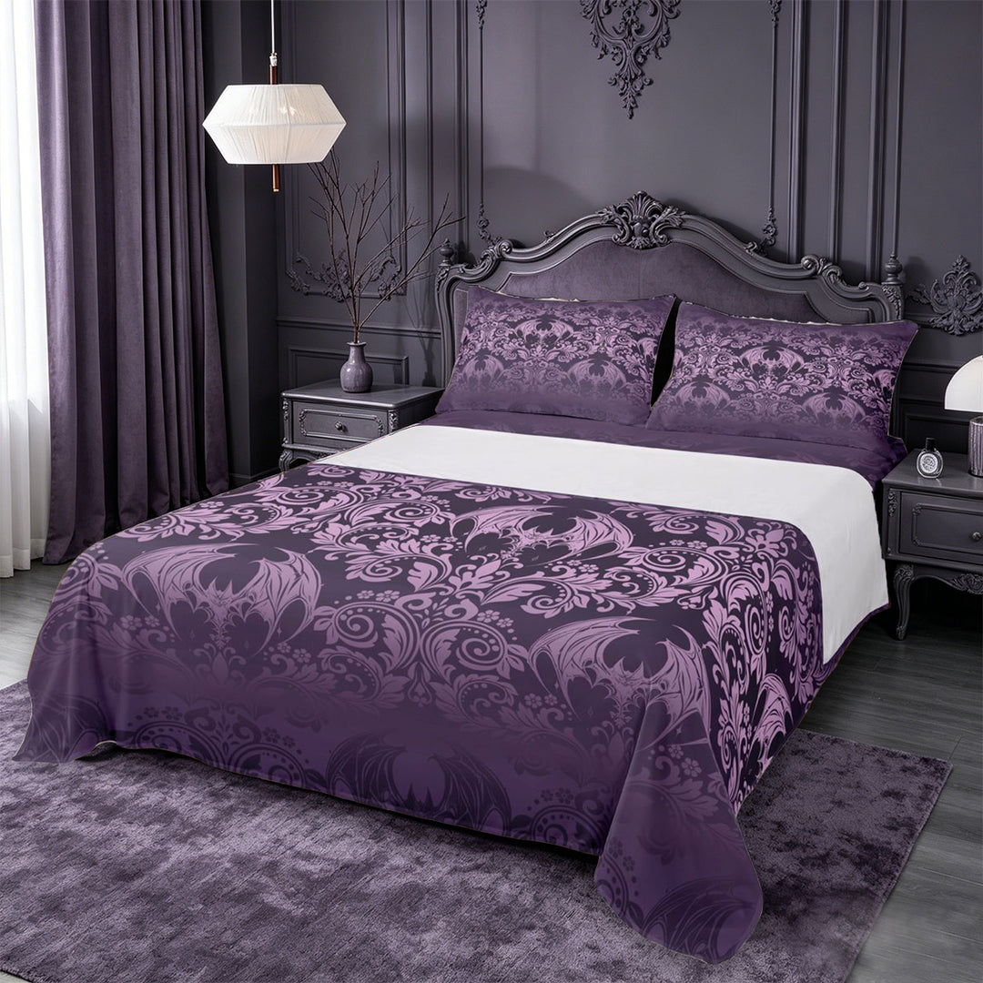 meiyoeat Vintage Damask Print King Sheets For Adults,Gothic Bat Bedding For Men Women, Purple Black,4 Pieces