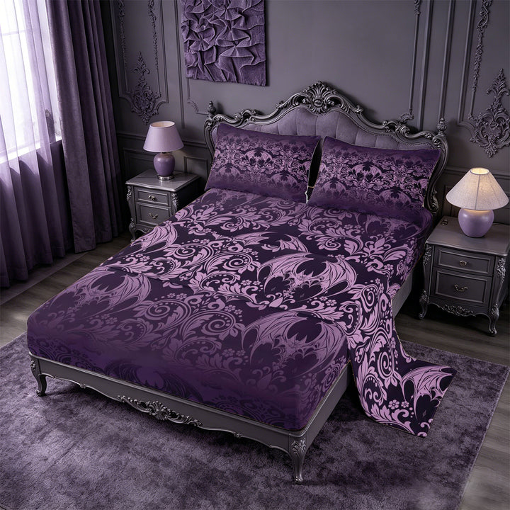 meiyoeat Vintage Damask Print King Sheets For Adults,Gothic Bat Bedding For Men Women, Purple Black,4 Pieces