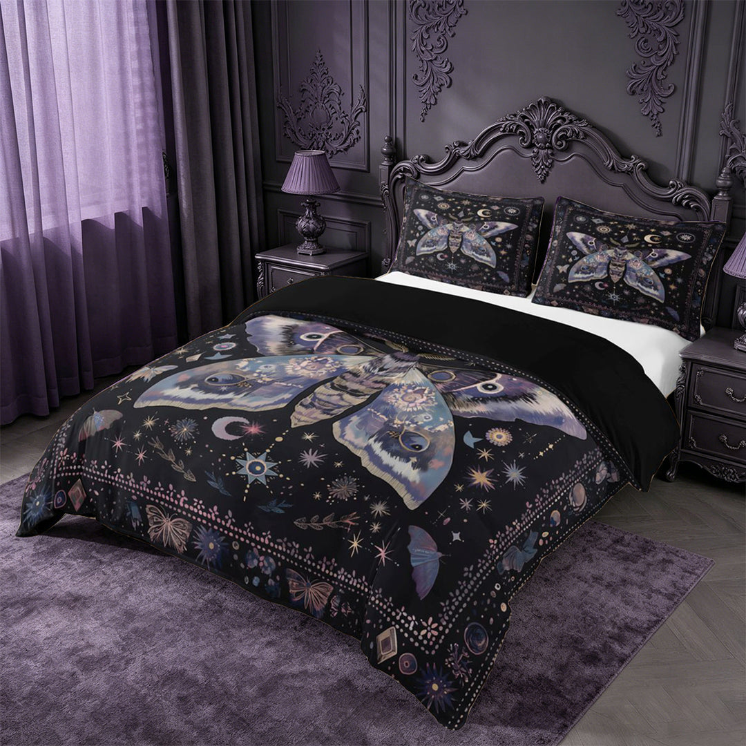 meiyoeat Bohemian Exotic Style Moth Duvet Cover King For Women,Vintage Boho Moon Stars King Bedding For Girls, Black Purple,Black Reversible,3 Pieces(No Comforter)