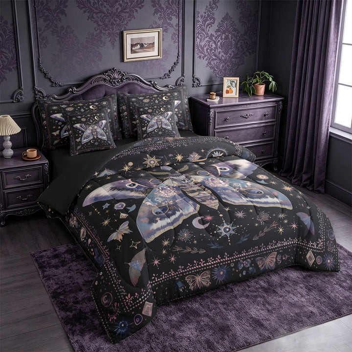 meiyoeat Bohemian Exotic Style Moth 7-Piece King Bedding For Women,Vintage Boho Moon Stars King Bed in a Bag For Girls, Black Purple,Black Reversible