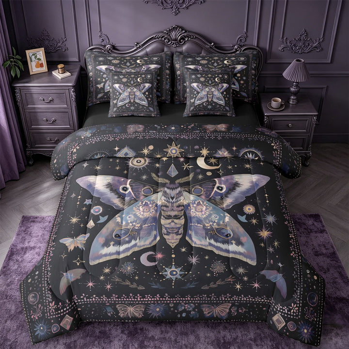 meiyoeat Bohemian Exotic Style Moth 7-Piece King Bedding For Women,Vintage Boho Moon Stars King Bed in a Bag For Girls, Black Purple,Black Reversible