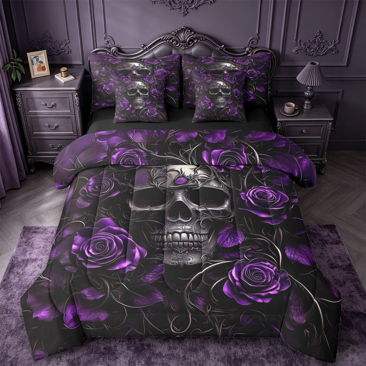 meiyoeat 3D Gothic Skull Pattern 7-Piece King Bedding For Girls,Purple Rustic Flower Rose King Bed in a Bag For Kids, Purple Black,Black Reversible