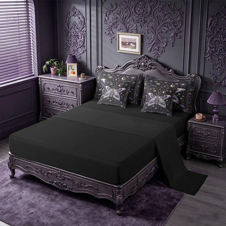 meiyoeat Bohemian Exotic Style Moth 7-Piece King Bedding For Women,Vintage Boho Moon Stars King Bed in a Bag For Girls, Black Purple,Black Reversible