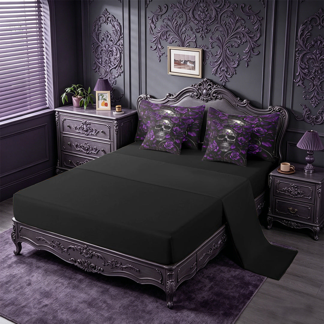 meiyoeat 3D Gothic Skull Pattern 7-Piece King Bedding For Girls,Purple Rustic Flower Rose King Bed in a Bag For Kids, Purple Black,Black Reversible