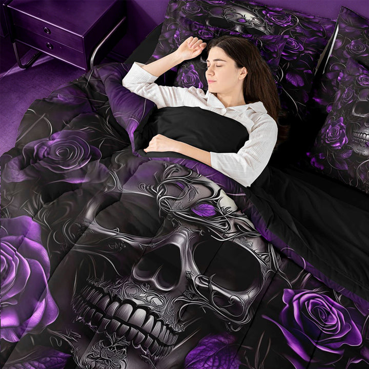 meiyoeat 3D Gothic Skull Pattern 7-Piece King Bedding For Girls,Purple Rustic Flower Rose King Bed in a Bag For Kids, Purple Black,Black Reversible