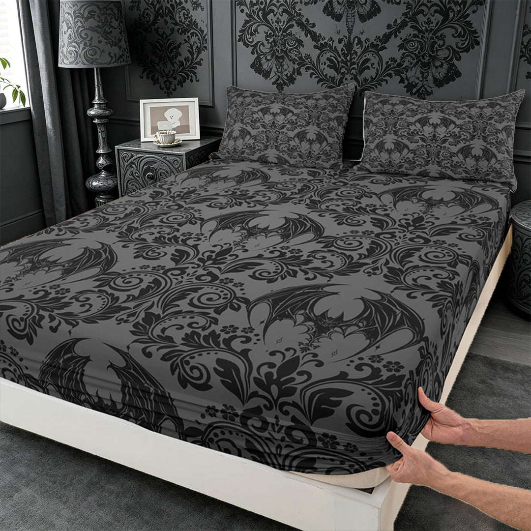 meiyoeat Spooky Gothic Bat King Sheets,Gray Classic Damask Floral Bedding For Adults, Black Gray,4-Piece