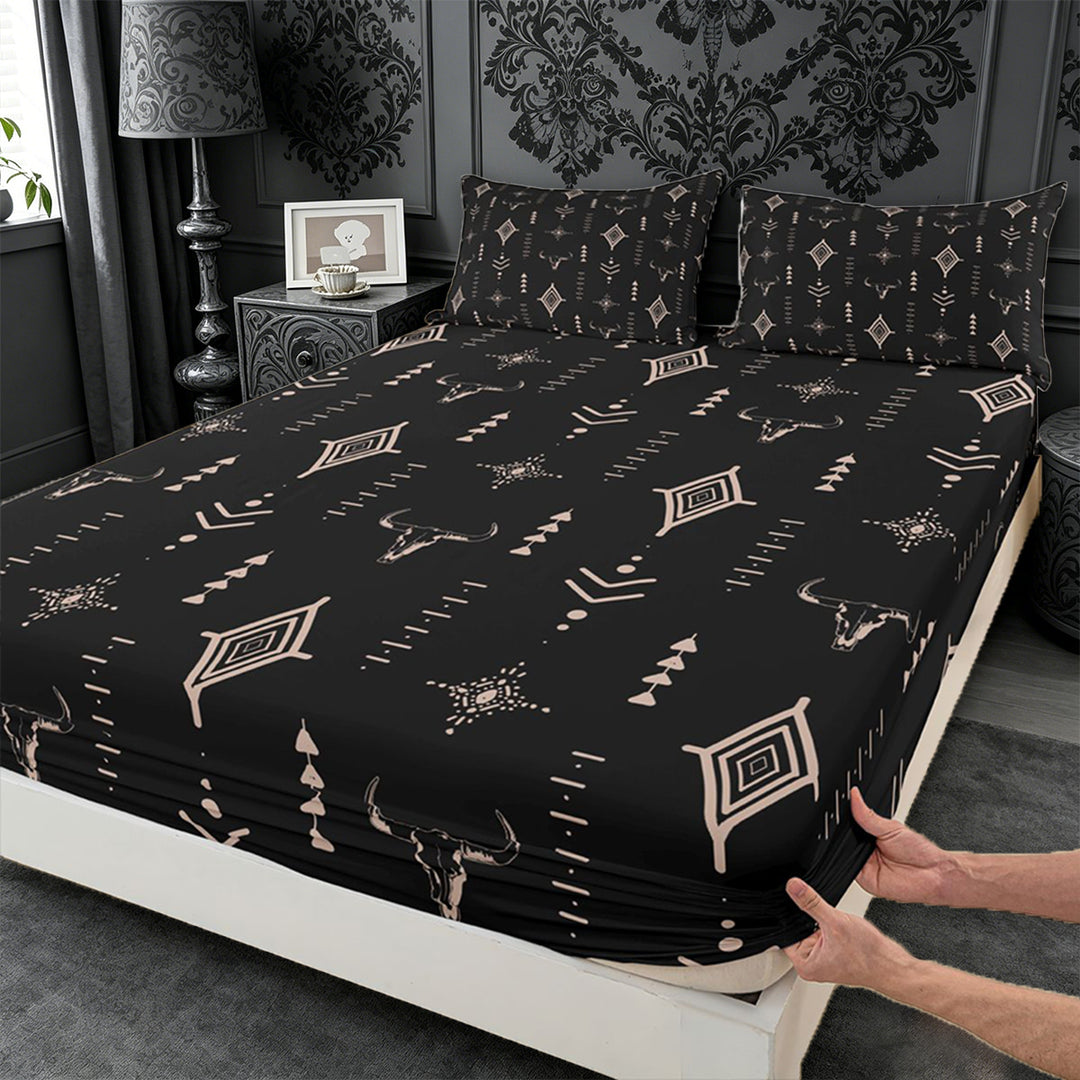 meiyoeat Rustic Bull Skull King Sheets For Boys,Vintage Western Aztec Geometric Pattern Bedding For Men,4pcs