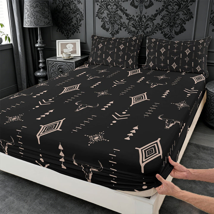 meiyoeat Rustic Bull Skull King Sheets For Boys,Vintage Western Aztec Geometric Pattern Bedding For Men,4pcs