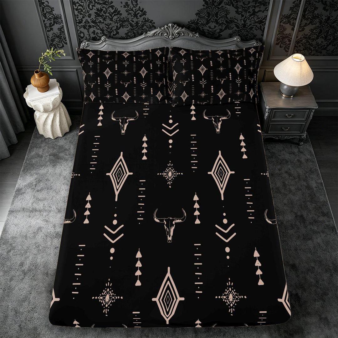 meiyoeat Rustic Bull Skull King Sheets For Boys,Vintage Western Aztec Geometric Pattern Bedding For Men,4pcs