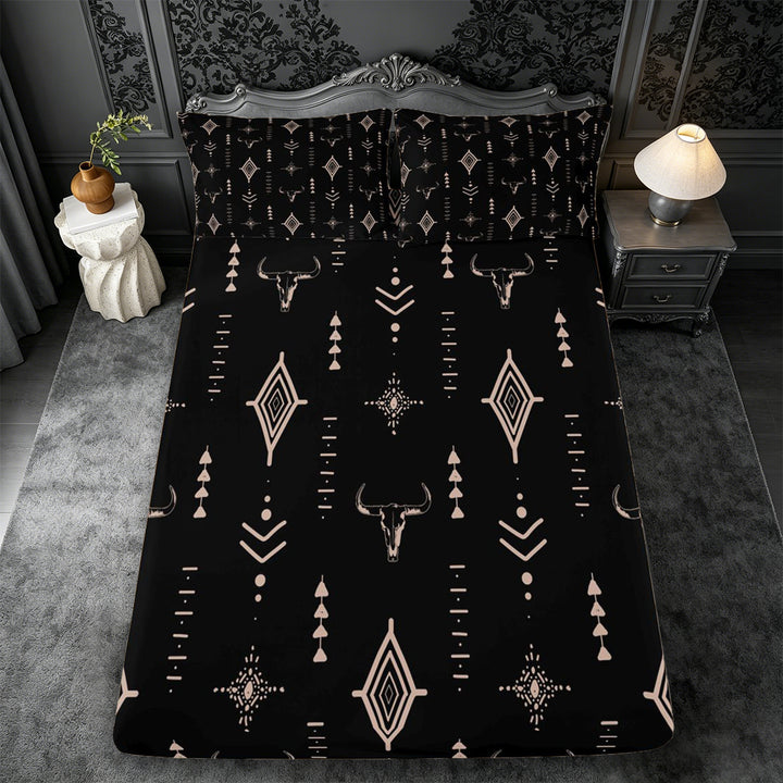 meiyoeat Rustic Bull Skull King Sheets For Boys,Vintage Western Aztec Geometric Pattern Bedding For Men,4pcs