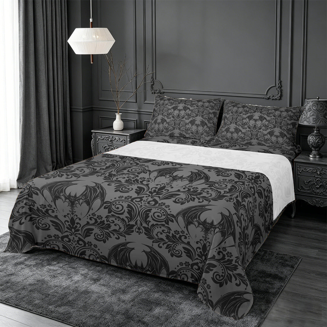 meiyoeat Spooky Gothic Bat King Sheets,Gray Classic Damask Floral Bedding For Adults, Black Gray,4-Piece