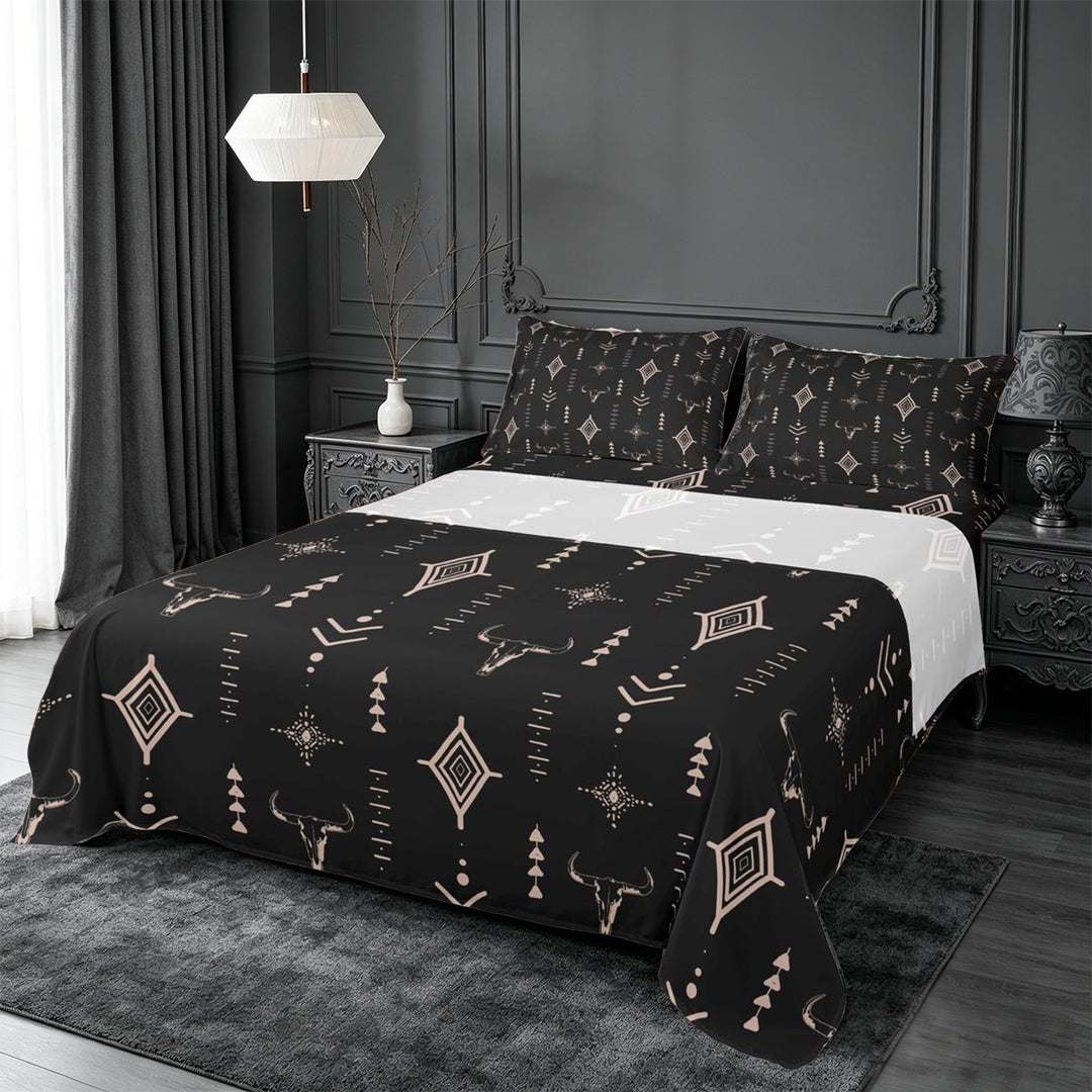 meiyoeat Rustic Bull Skull King Sheets For Boys,Vintage Western Aztec Geometric Pattern Bedding For Men,4pcs
