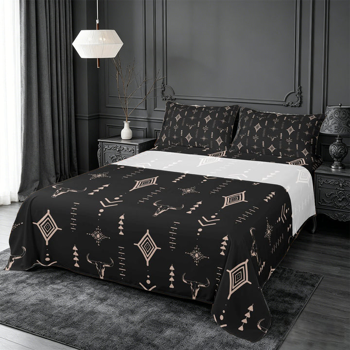 meiyoeat Rustic Bull Skull King Sheets For Boys,Vintage Western Aztec Geometric Pattern Bedding For Men,4pcs