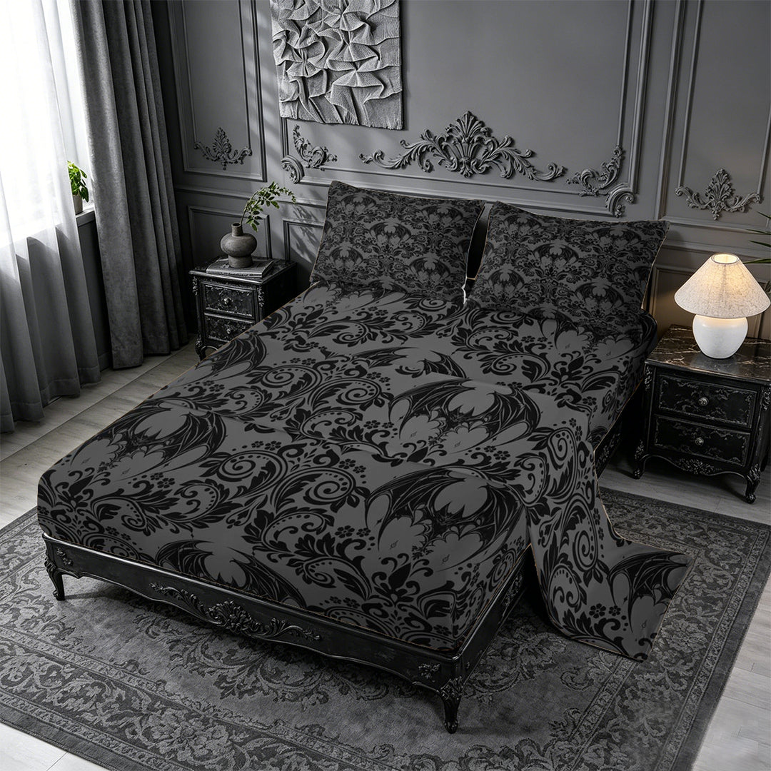 meiyoeat Spooky Gothic Bat King Sheets,Gray Classic Damask Floral Bedding For Adults, Black Gray,4-Piece
