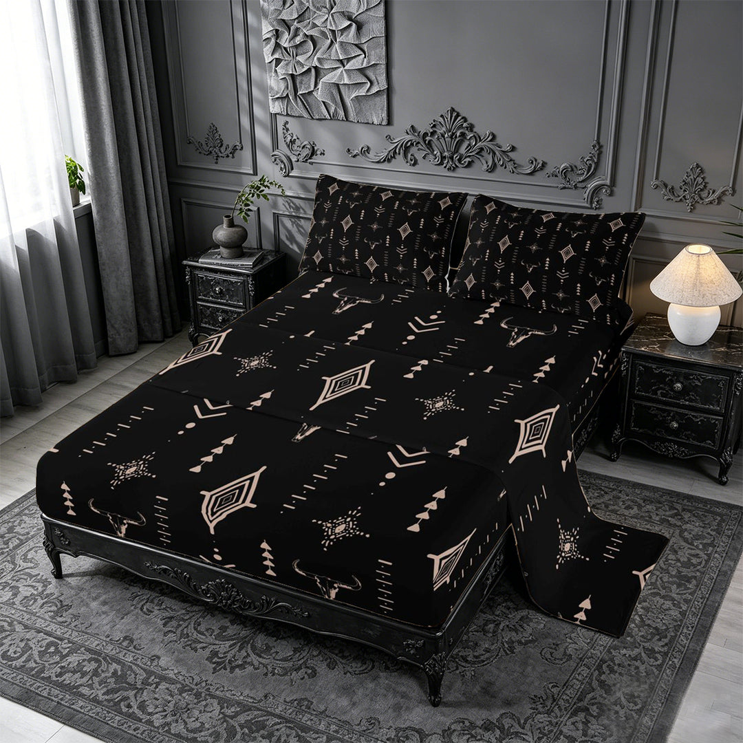 meiyoeat Rustic Bull Skull King Sheets For Boys,Vintage Western Aztec Geometric Pattern Bedding For Men,4pcs