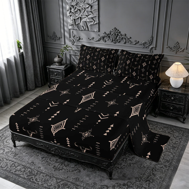 meiyoeat Rustic Bull Skull King Sheets For Boys,Vintage Western Aztec Geometric Pattern Bedding For Men,4pcs