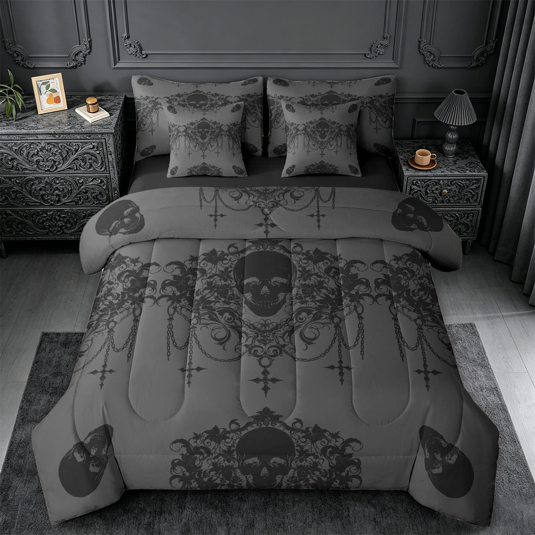 meiyoeat Gothic Spooky Skull 7-Piece King Bedding,Retro Damask Victorian Flowers King Bed in a Bag, Black Gray,Black Reversible