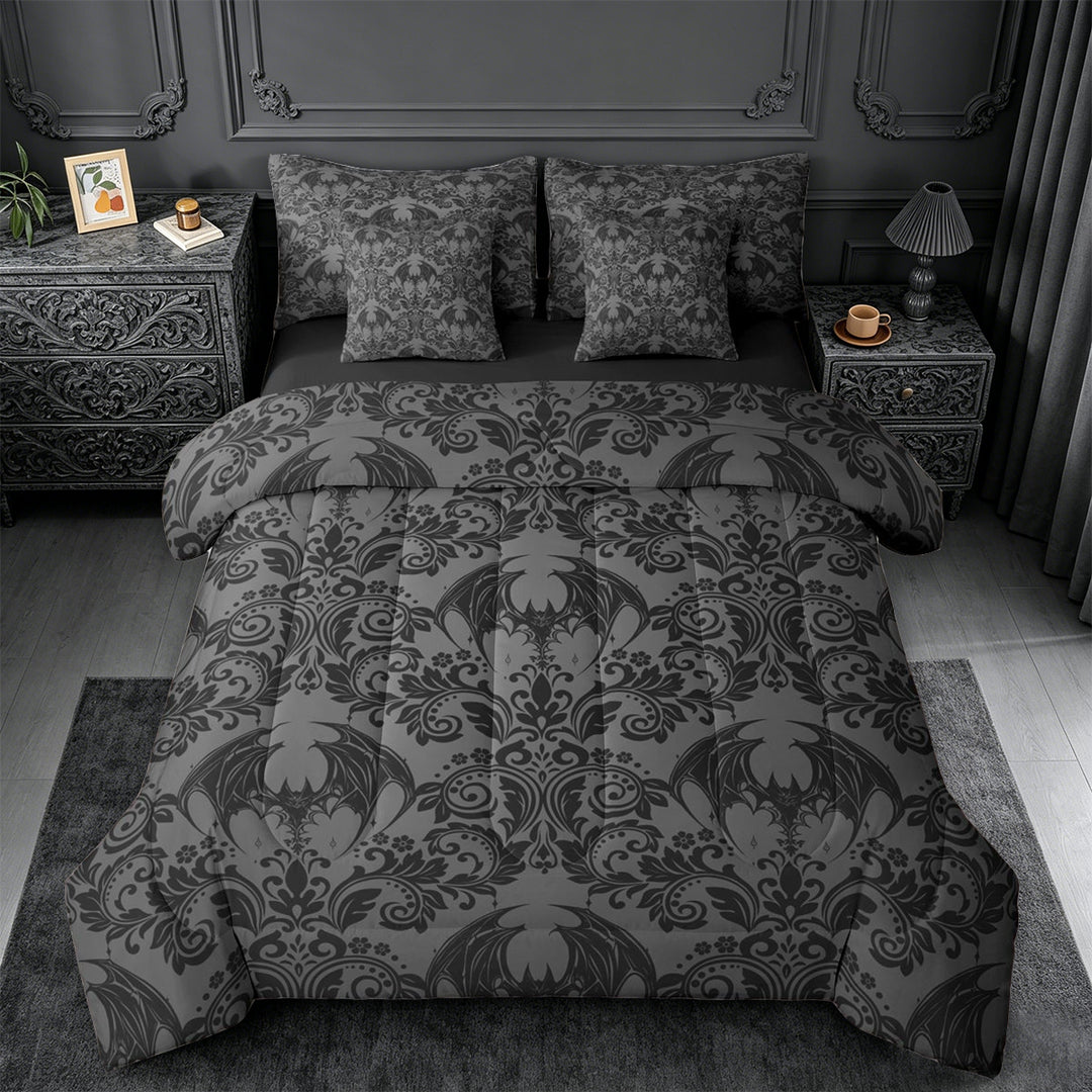 meiyoeat Spooky Gothic Bat 7-Piece King Bedding,Gray Classic Damask Floral King Bed in a Bag For Adults, Black Gray,Black Reversible