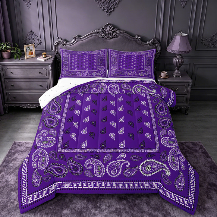 meiyoeat Purple Paisley Flowers King Size Comforter Sets For Kids,Vintage Boho Theme Comforters King Size For Men Women,Reversible,3pcs
