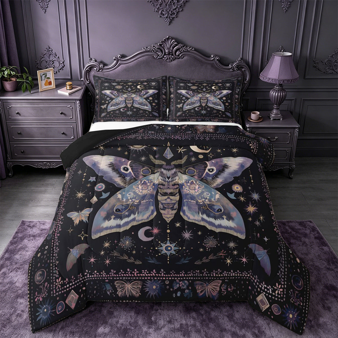 meiyoeat Bohemian Exotic Style Moth King Size Comforter Sets For Women,Vintage Boho Moon Stars Comforters King Size For Girls, Black Purple,Black Reversible,3 Pieces