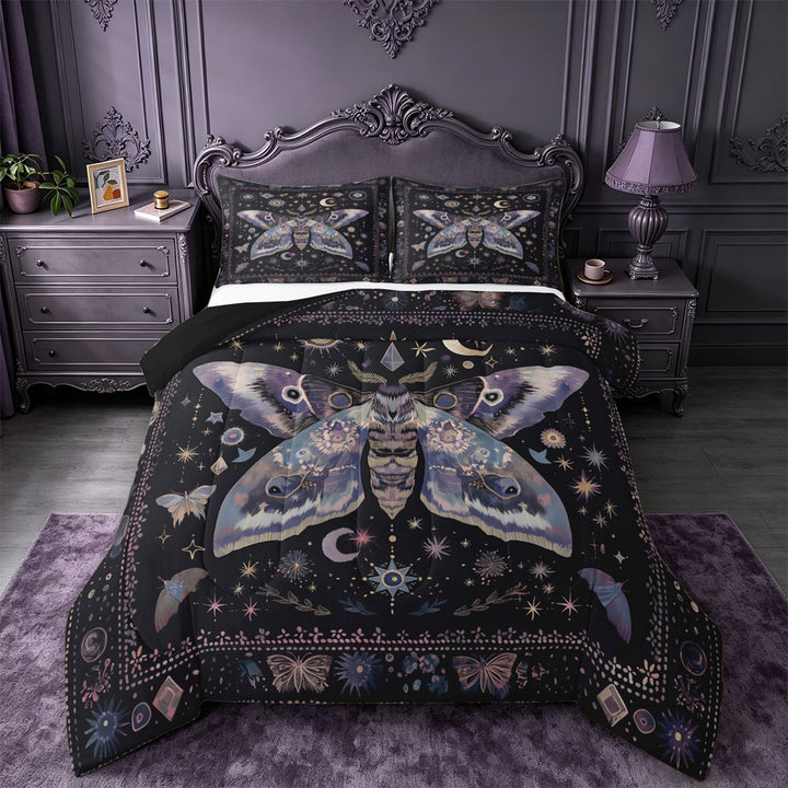 meiyoeat Bohemian Exotic Style Moth King Size Comforter Sets For Women,Vintage Boho Moon Stars Comforters King Size For Girls, Black Purple,Black Reversible,3 Pieces