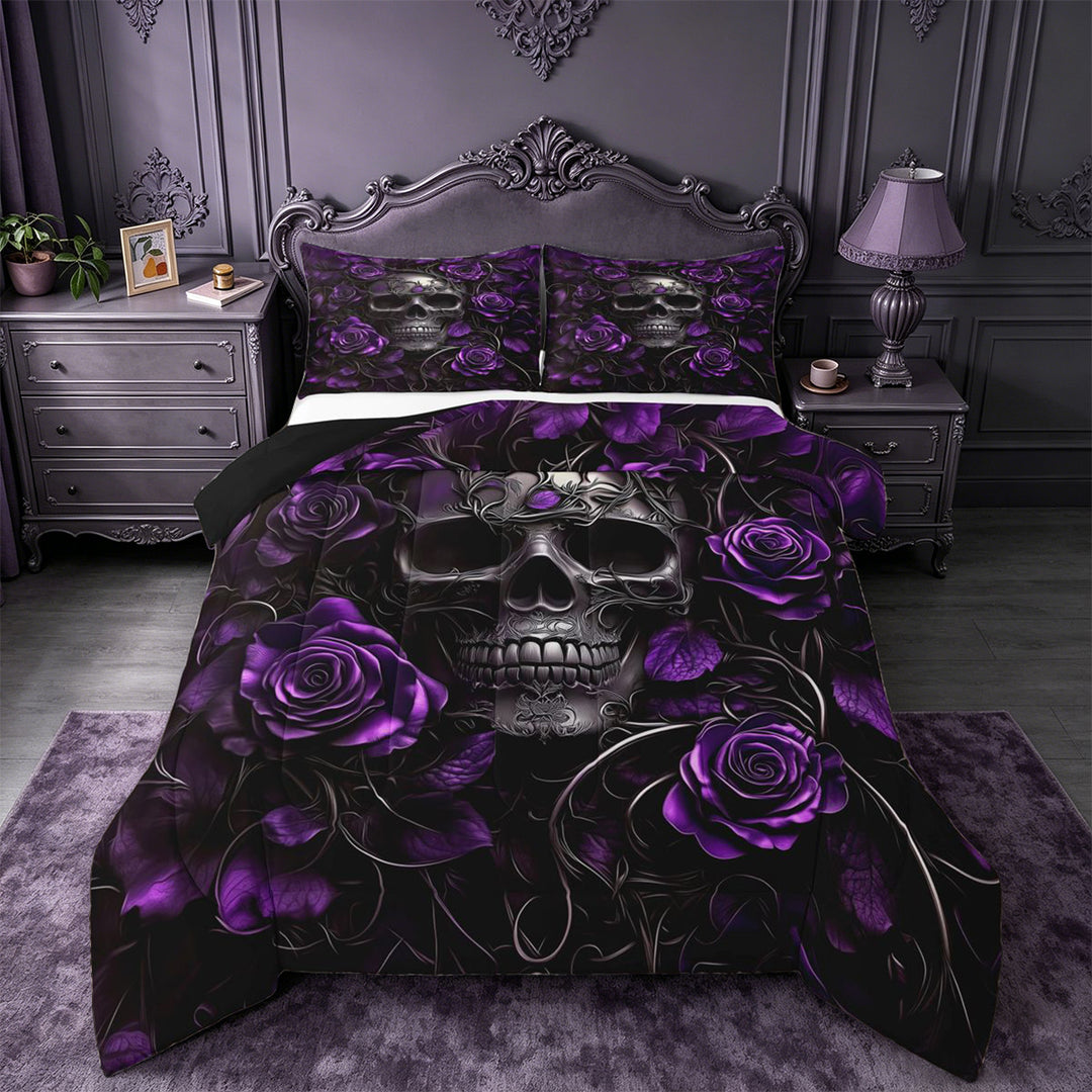 meiyoeat 3D Gothic Skull Pattern King Size Comforter Sets For Girls,Purple Rustic Flower Rose Comforters King Size For Kids, Purple Black,Black Reversible,3pcs