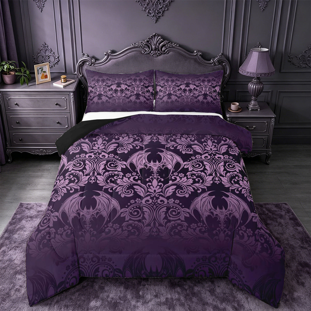 meiyoeat Vintage Damask Print King Size Comforter Sets For Adults,Gothic Bat Comforters King Size For Men Women, Purple Black,Black Reversible,3 Pieces