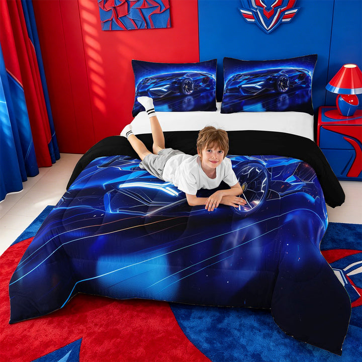 meiyoeat Blue Racing Car Full Size Comforter Sets For Boys Kids,Outdoor Extreme Sports Bedding Comforter Set For Speed Games Lovers,Black Reversible,3pcs