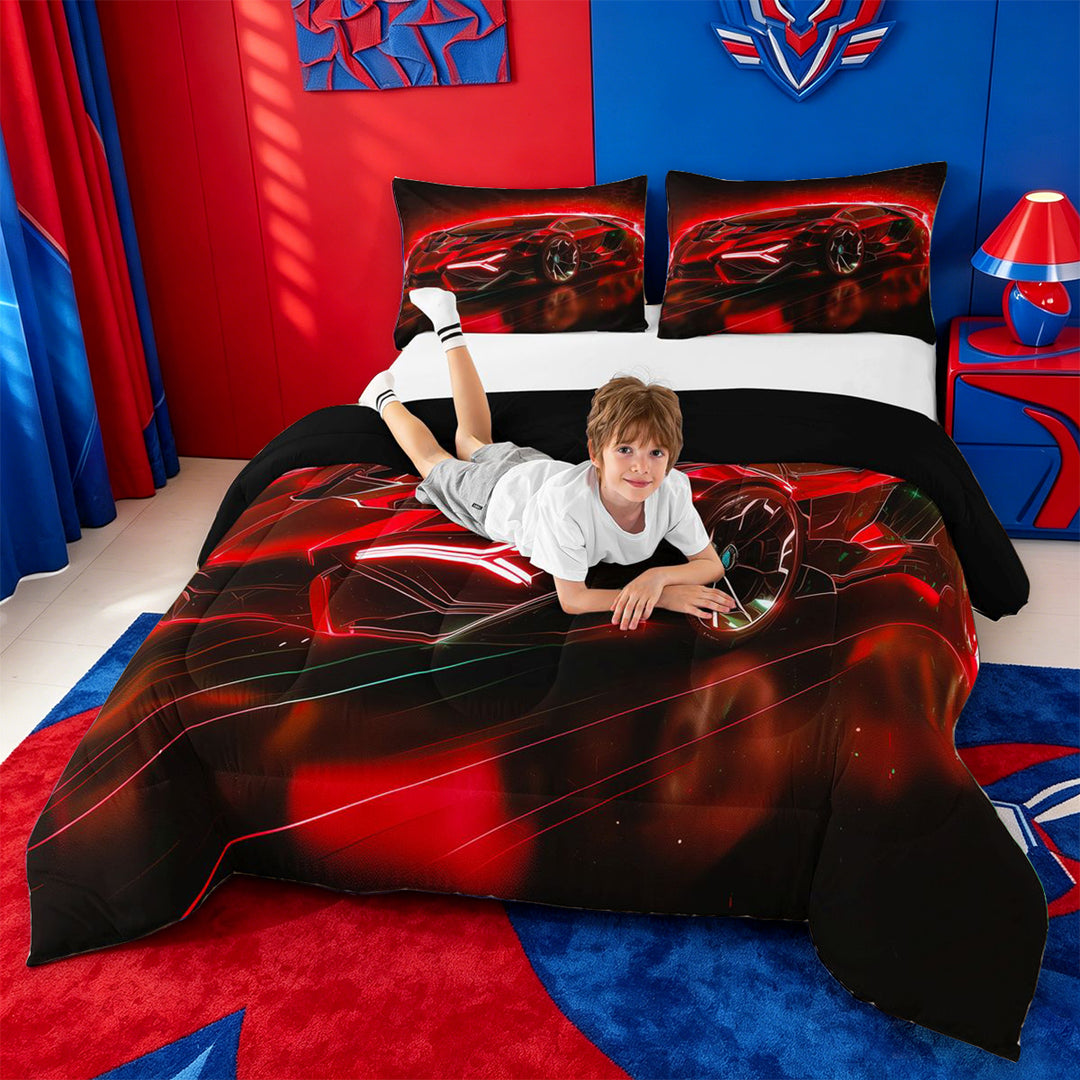 meiyoeat Red Sports Car Full Size Comforter Sets For Kids,Classic High Speed Games Bedding Comforter Set For Boys,Black Reversible,3-Piece