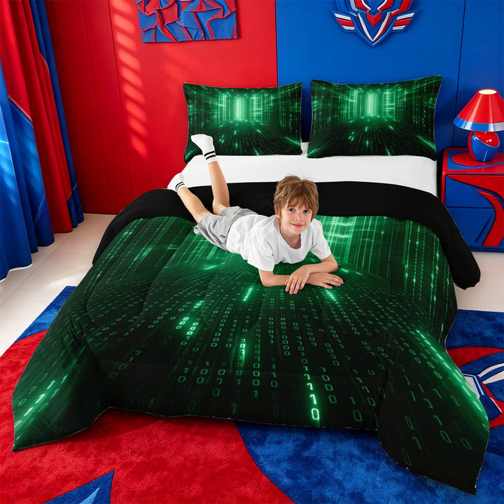 meiyoeat Modern Neon Geometric Full Size Comforter Sets For Kids,Green Plaid Buffalo Bedding Comforter Set For Boys,Black Reversible,3-Piece