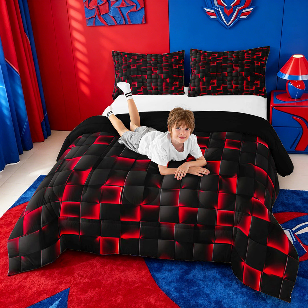 meiyoeat Red Checkered Grid Full Size Comforter Sets For Boys,3D Modern Abstract Geometric Bedding Comforter Set For Kids,Black Reversible,3pcs