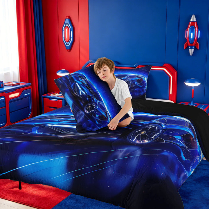 meiyoeat Blue Racing Car Full Size Comforter Sets For Boys Kids,Outdoor Extreme Sports Bedding Comforter Set For Speed Games Lovers,Black Reversible,3pcs