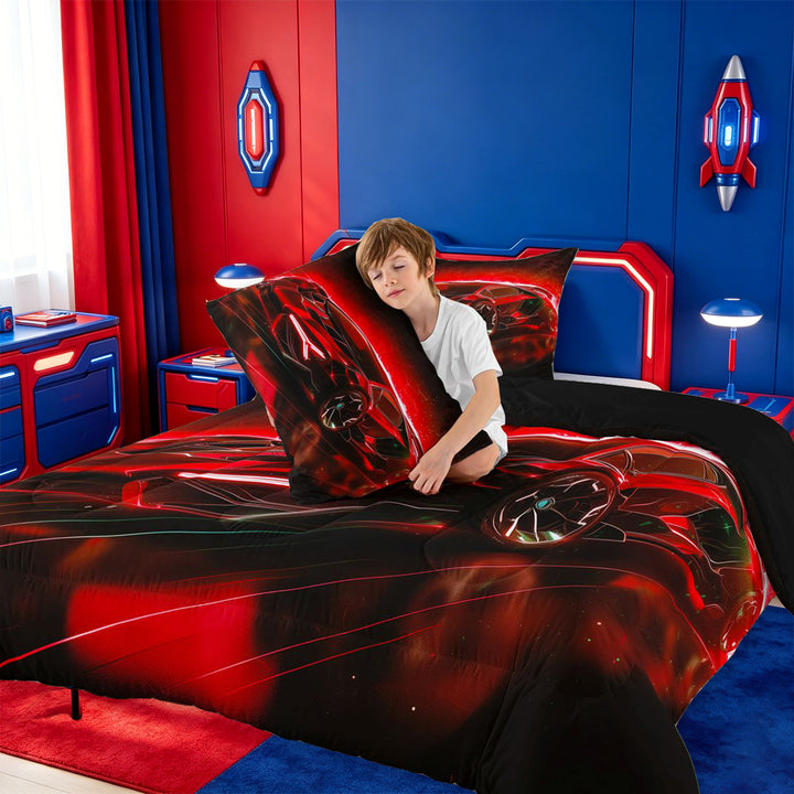 meiyoeat Red Sports Car Full Size Comforter Sets For Kids,Classic High Speed Games Bedding Comforter Set For Boys,Black Reversible,3-Piece