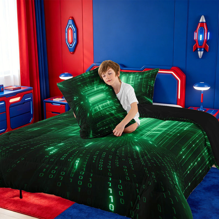 meiyoeat Modern Neon Geometric Full Size Comforter Sets For Kids,Green Plaid Buffalo Bedding Comforter Set For Boys,Black Reversible,3-Piece