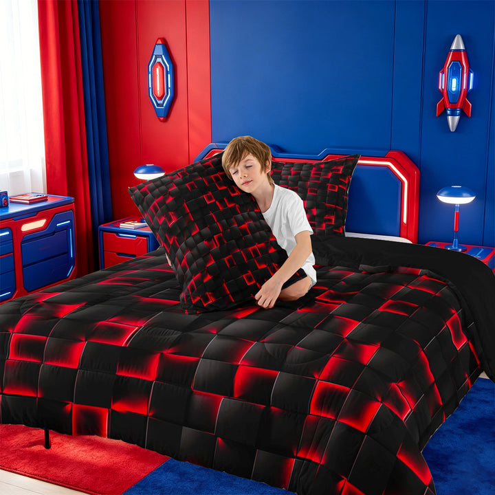 meiyoeat Red Checkered Grid Full Size Comforter Sets For Boys,3D Modern Abstract Geometric Bedding Comforter Set For Kids,Black Reversible,3pcs