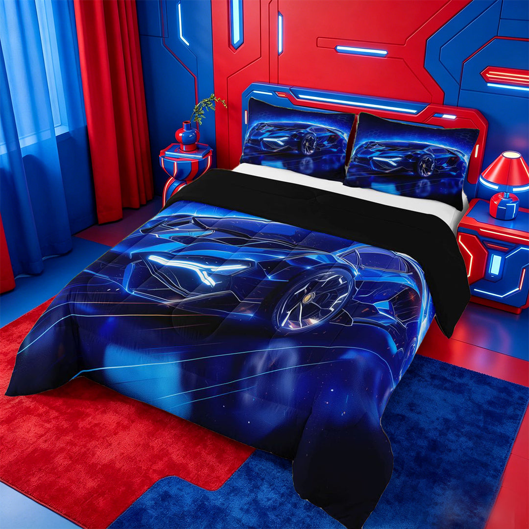 meiyoeat Blue Racing Car Full Size Comforter Sets For Boys Kids,Outdoor Extreme Sports Bedding Comforter Set For Speed Games Lovers,Black Reversible,3pcs