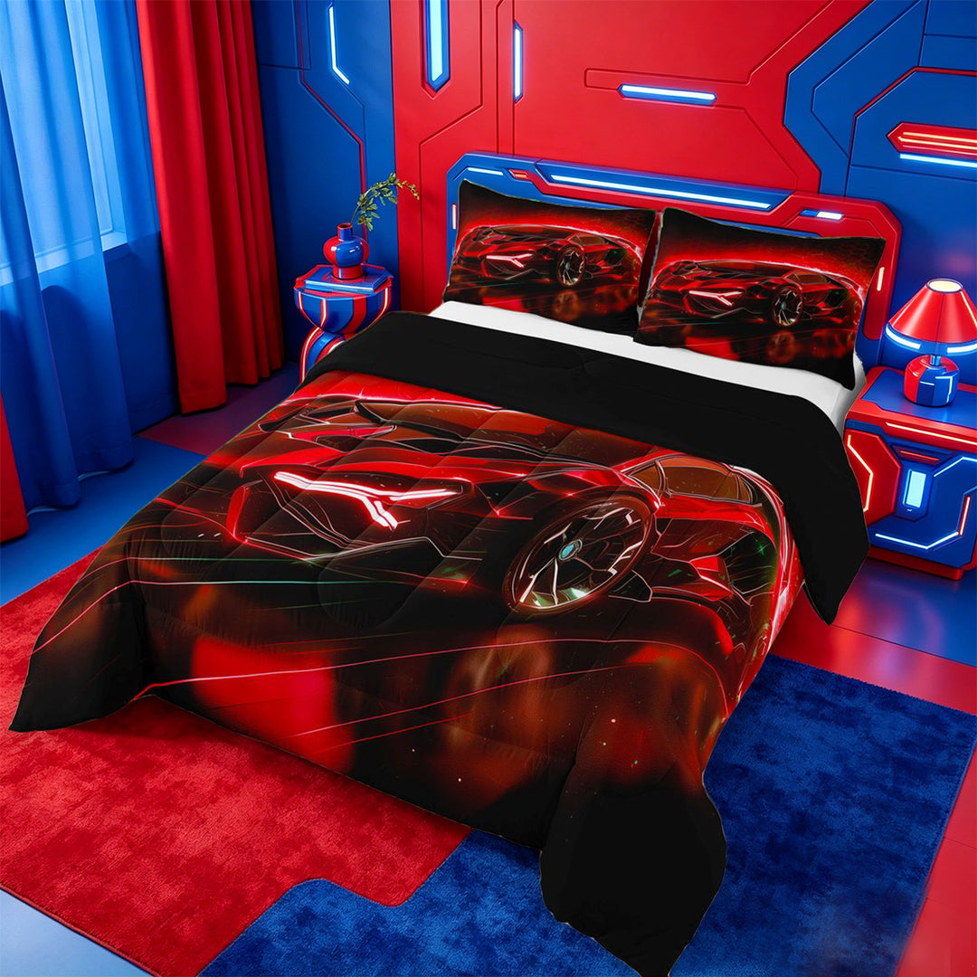 meiyoeat Red Sports Car Full Size Comforter Sets For Kids,Classic High Speed Games Bedding Comforter Set For Boys,Black Reversible,3-Piece