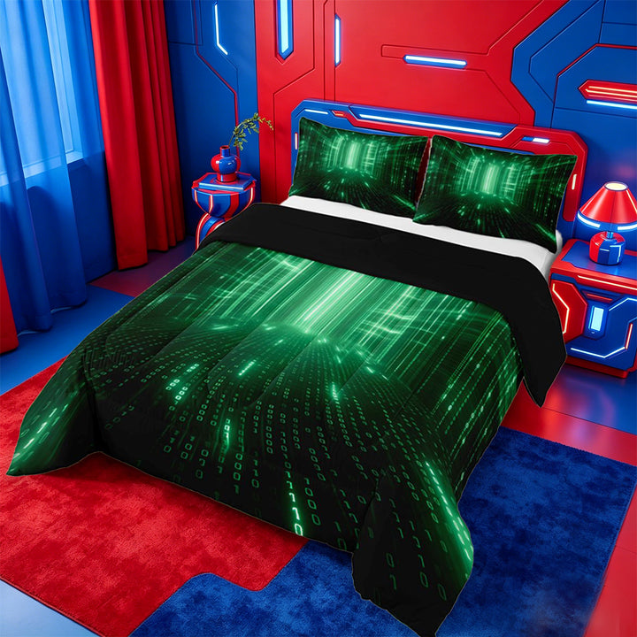 meiyoeat Modern Neon Geometric Full Size Comforter Sets For Kids,Green Plaid Buffalo Bedding Comforter Set For Boys,Black Reversible,3-Piece