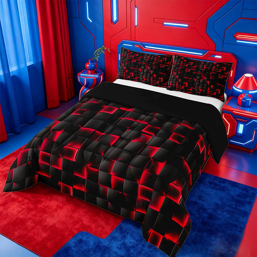 meiyoeat Red Checkered Grid Full Size Comforter Sets For Boys,3D Modern Abstract Geometric Bedding Comforter Set For Kids,Black Reversible,3pcs
