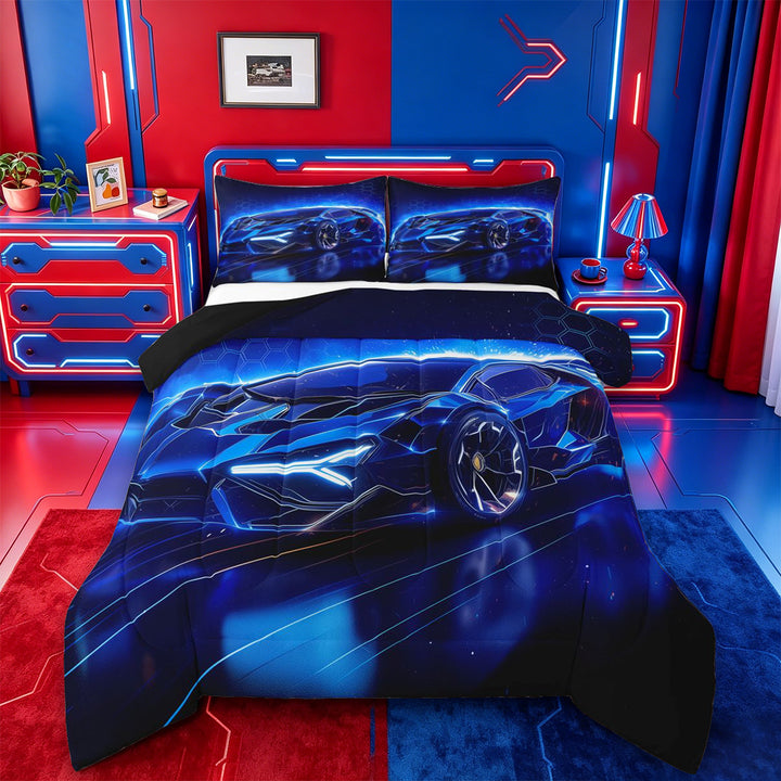 meiyoeat Blue Racing Car Full Size Comforter Sets For Boys Kids,Outdoor Extreme Sports Bedding Comforter Set For Speed Games Lovers,Black Reversible,3pcs