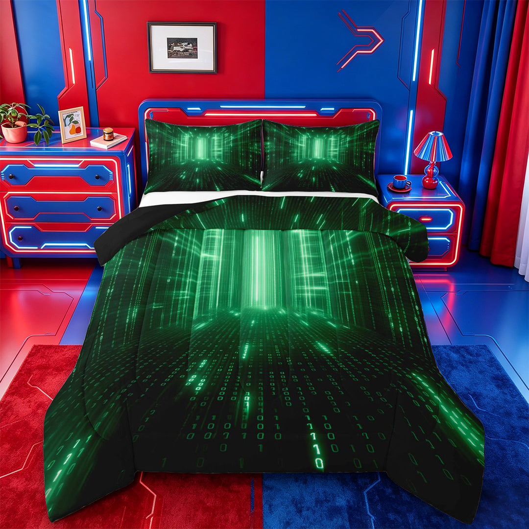 meiyoeat Modern Neon Geometric Full Size Comforter Sets For Kids,Green Plaid Buffalo Bedding Comforter Set For Boys,Black Reversible,3-Piece