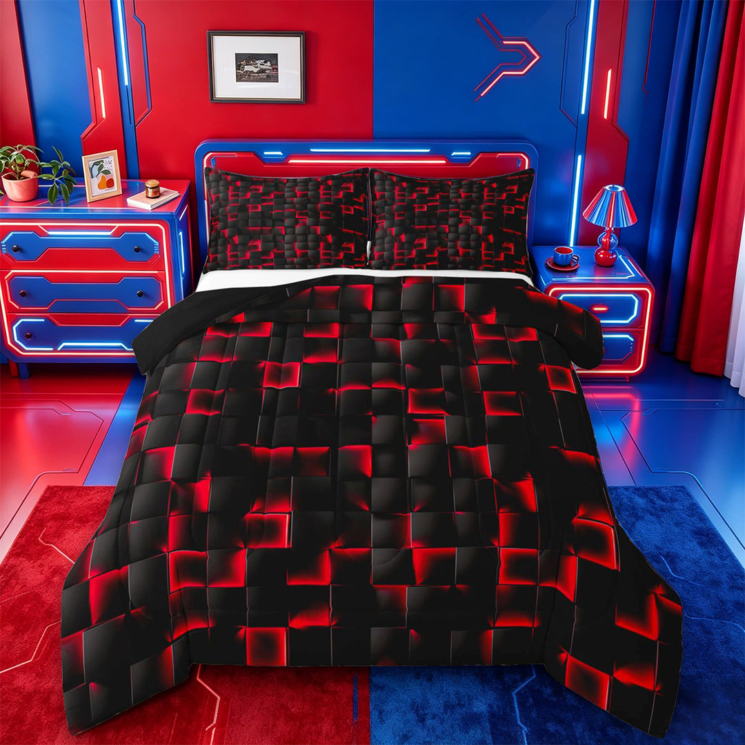meiyoeat Red Checkered Grid Full Size Comforter Sets For Boys,3D Modern Abstract Geometric Bedding Comforter Set For Kids,Black Reversible,3pcs
