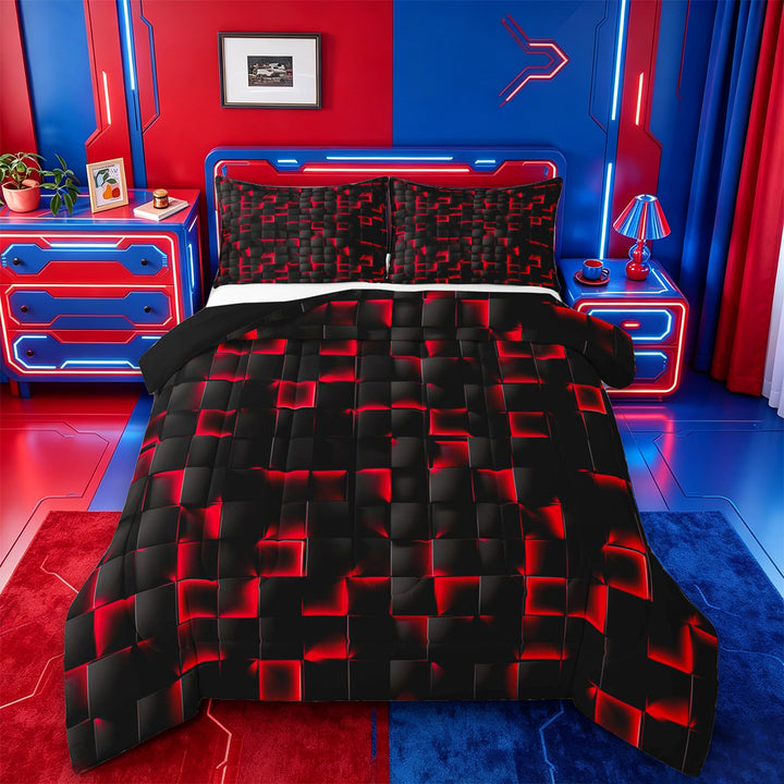 meiyoeat Red Checkered Grid Full Size Comforter Sets For Boys,3D Modern Abstract Geometric Bedding Comforter Set For Kids,Black Reversible,3pcs