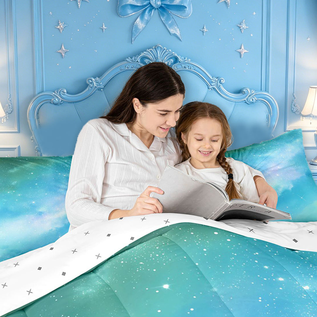 meiyoeat Teal Galaxy Star 7 Pieces Full Size Bedding Sets,Calm Magical Sky Pattern Full Size Bed in a Bag For Girl,Reversible